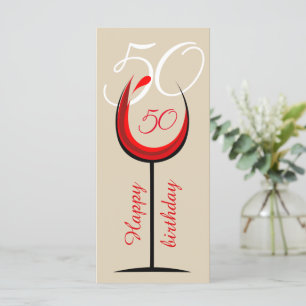 Modern Red Wine Glass Script 50th Birthday Card