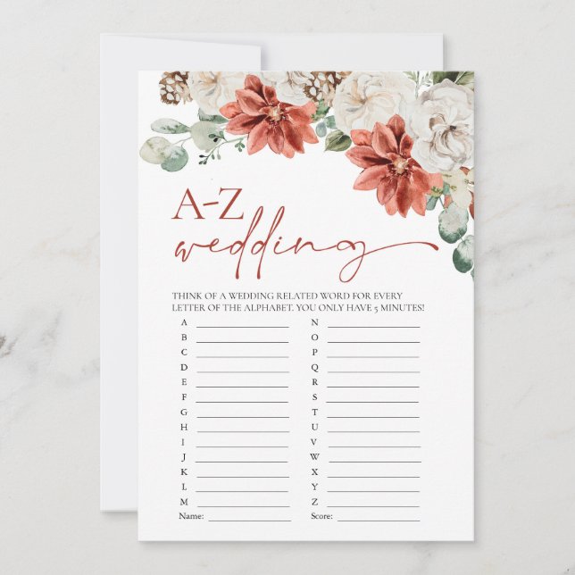 Modern Red Winter Wedding A-Z Bridal Shower Game Invitation (Front)