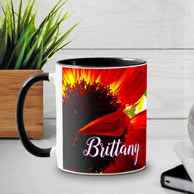 Modern red yellow daisy close-up photo custom name mug (Creator Uploaded)