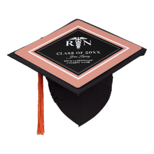 Modern Registered Nurse Black Terracotta Monogram Graduation Cap Topper