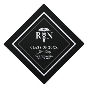 Modern Registered Nurse Black White Glitter Name Graduation Cap Topper