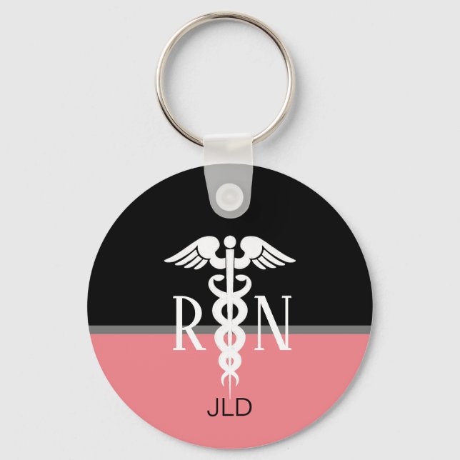 Modern Registered Nurse Caduceus Pink Monogram Keychain (Front)