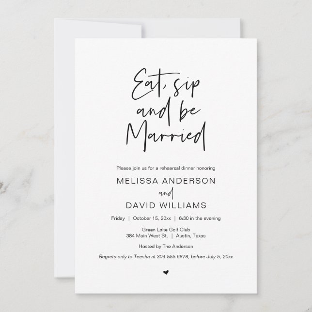 Modern Rehearsal Dinner, Eat, Sip and Be Married Invitation (Front)
