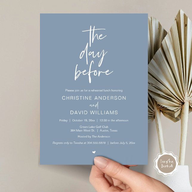 Modern Rehearsal Lunch, The day before Invitation (The day before, Wedding Rehearsal Lunch Invitation Card, Modern Minimalist Script, Dusty Blue)