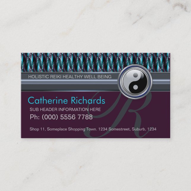 Modern Reiki YinYang Teal+Plum Sparkle Pattern Business Card (Front)