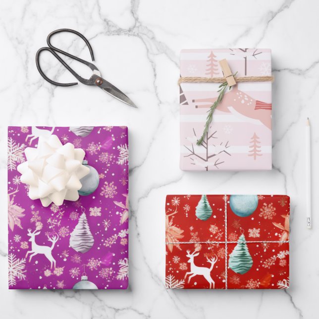 Modern Reindeer and Christmas Trees Christmas Wrapping Paper Sheet (Front)