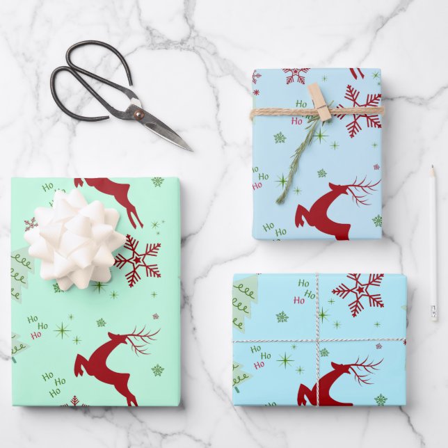 Modern Reindeer & Snowflake Gift Wrap Set (Front)