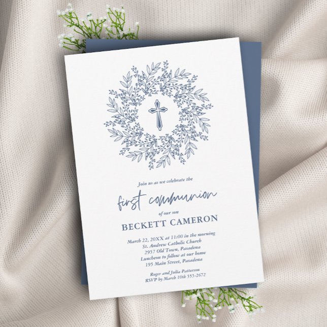Modern Religious Blue Cross First Communion Invitation (Creator Uploaded)