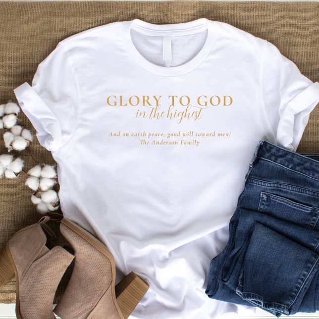 Modern Religious Christian Faith Based Gold White T-Shirt (Christianfaith-based t-shirt with Bible verse Luke 2:14 "Glory to God in the Highest")