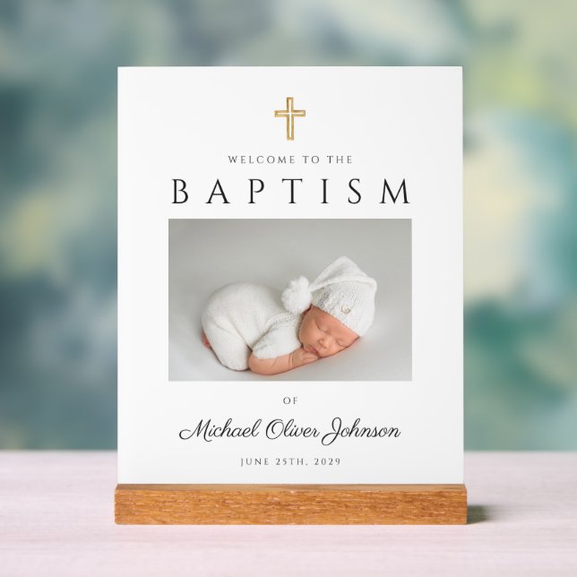 Modern Religious Cross Photo Boy Baptism Welcome Acrylic Sign (Neutral)