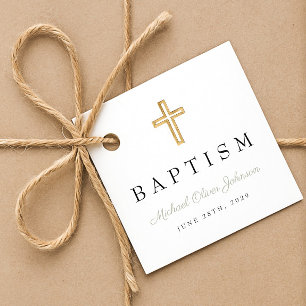 Modern Religious Cross Sage Green Script Baptism  Favour Tags