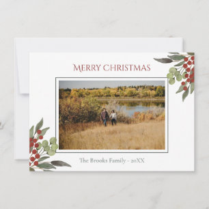 Modern Religious Script Red Holly Christmas Photo Holiday Card