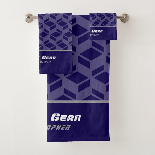 Modern Repeat Pattern Dark Blue Bath Towel Set (Insitu)