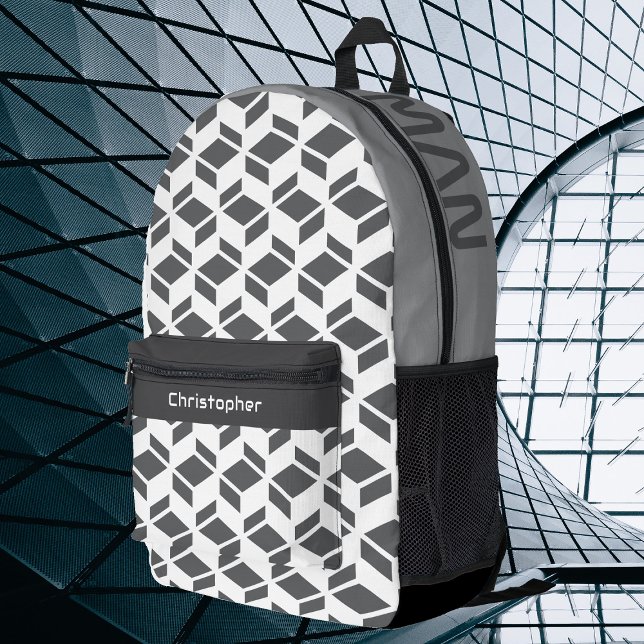 Modern Repeat Pattern Grey White Printed Backpack (Modern stylish design.)