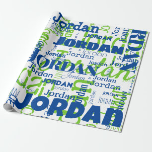 Modern Repeating Name Blue Green Font Pattern Wrapping Paper