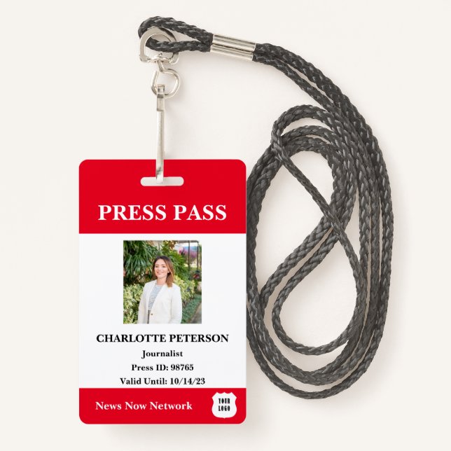 Modern Reporter Press Pass Badge (Front with Lanyard)