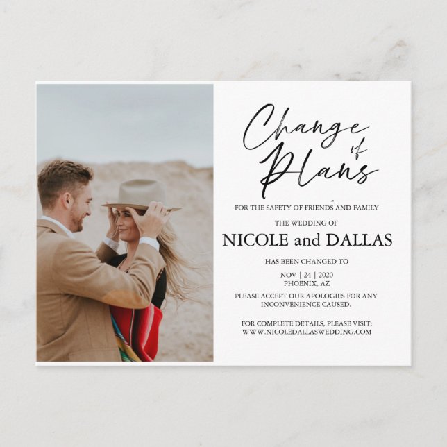 Modern Rescheduled Wedding Change of Plans Date Postcard (Front)