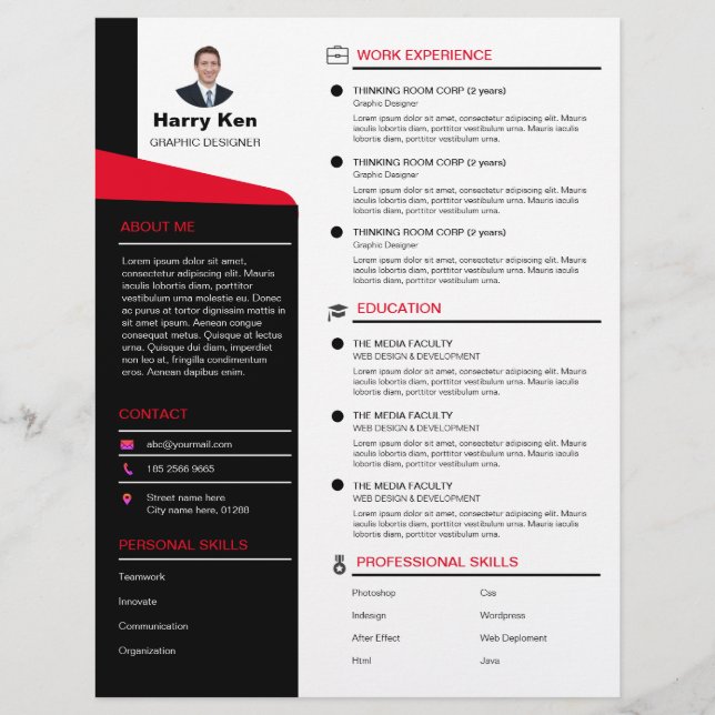 Modern Resume Template Customizable Photo RED CV Letterhead (Front)
