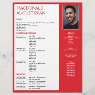 Modern RESUME TEMPLATE Customizable Photo RED Letterhead