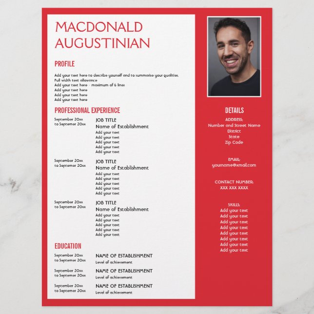 Modern RESUME TEMPLATE Customizable Photo RED Letterhead (Front)