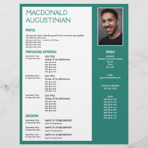 Modern RESUME TEMPLATE Customizable Photo TEAL Letterhead
