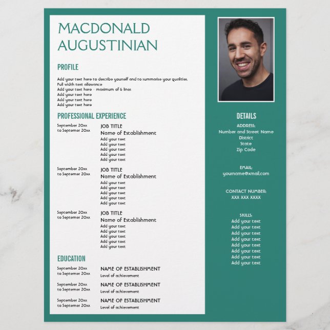 Modern RESUME TEMPLATE Customizable Photo TEAL Letterhead (Front)