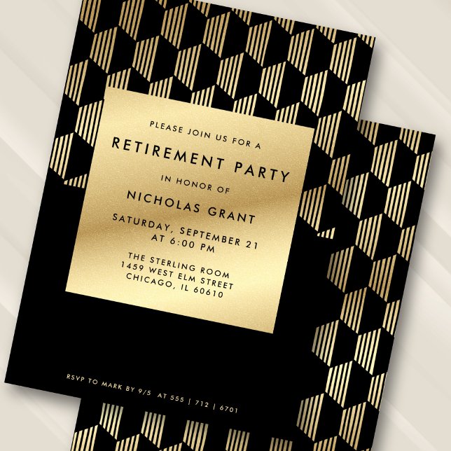 Modern Retirement Party Black and Gold Faux Foil Invitation (Personalize names, date, and RSVP details.)