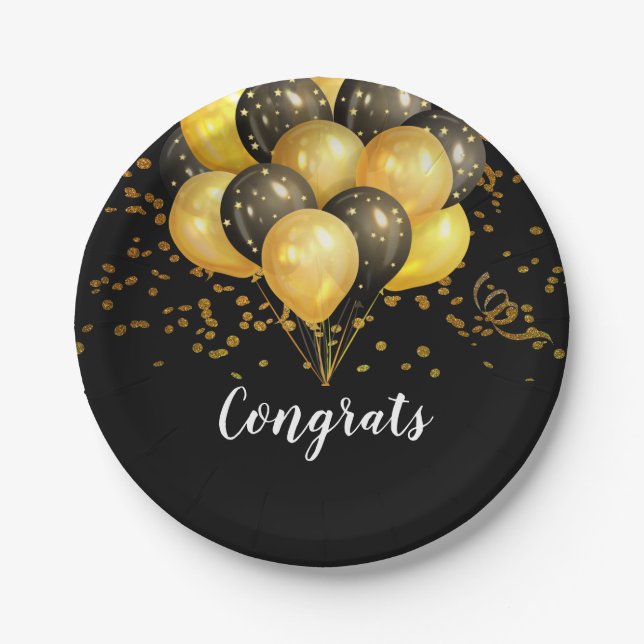 Modern Retirement Party Black And Gold Paper Plate (Front)