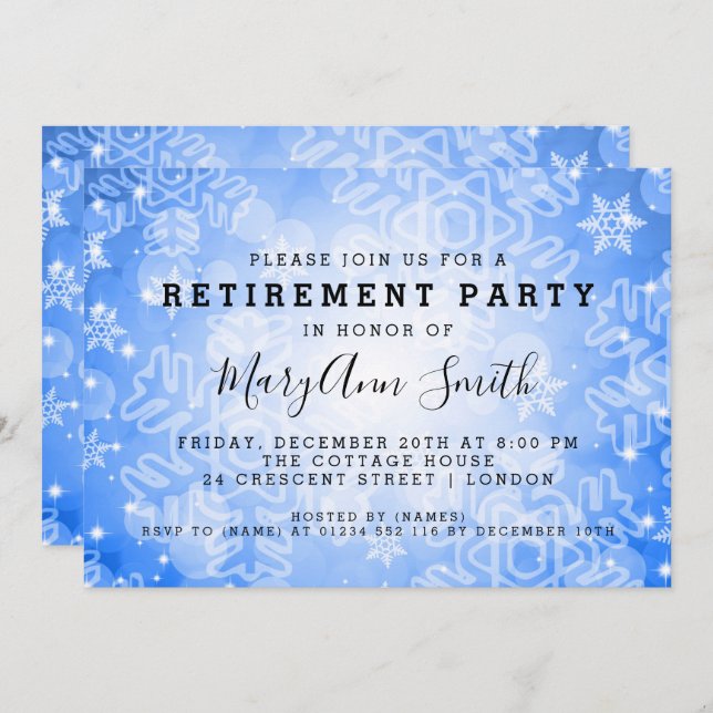 Modern Retirement Party Blue Winter Bokeh Lights Invitation (Front/Back)