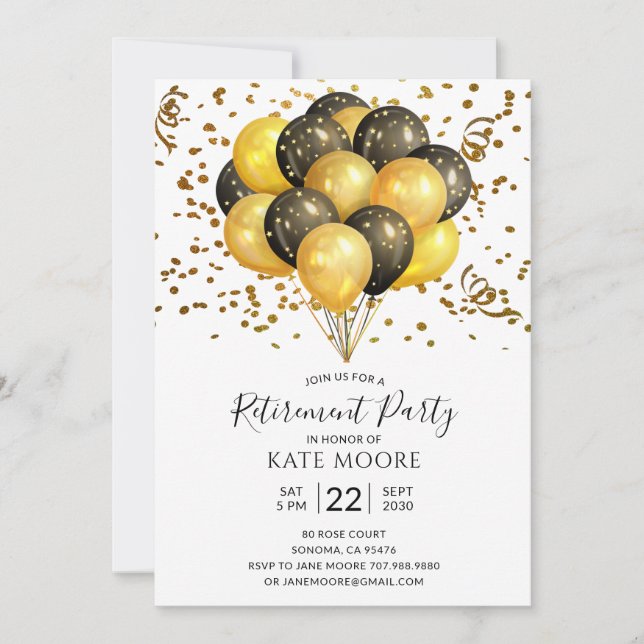 Modern Retirement Party Gold Black Balloons Announ Invitation (Front)