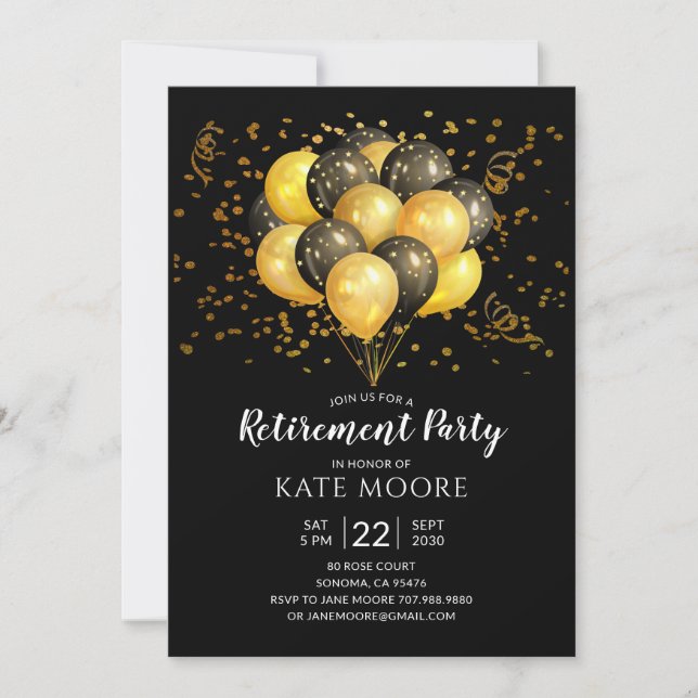 Modern Retirement Party Gold Black Balloons Black Invitation (Front)