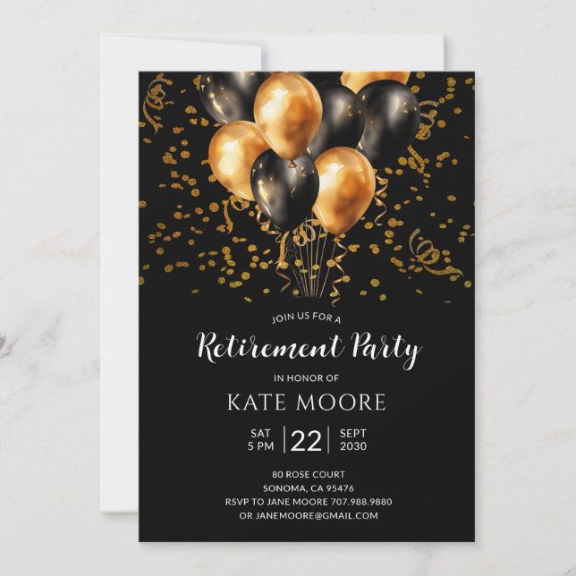 Modern Retirement Party Gold Black Balloons Black Invitation (Front)