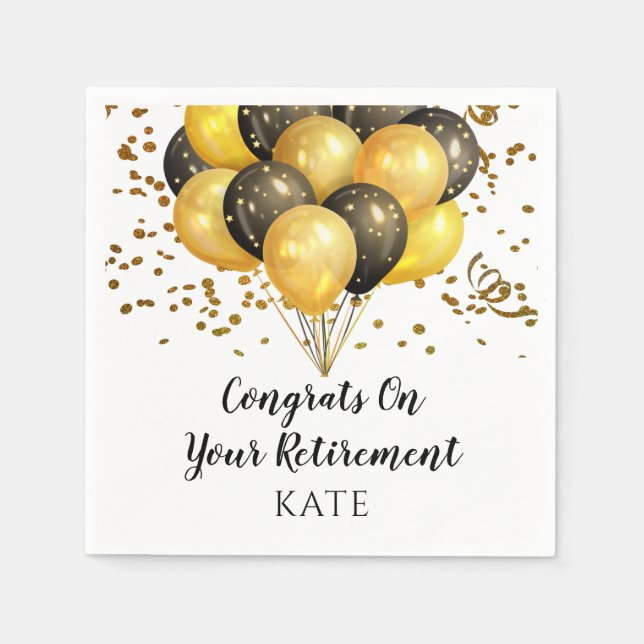 Modern Retirement Party White And Gold Napkins (Front)