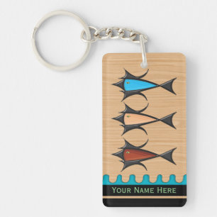 Modern Retro - 3 Fish on Cherry Wood Personalized Keychain