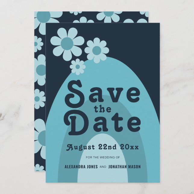 Modern Retro 70s Blue Wedding Save The Date (Front/Back)