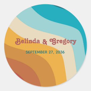 Modern Retro 70's Colourful Rainbow Waves Wedding  Classic Round Sticker
