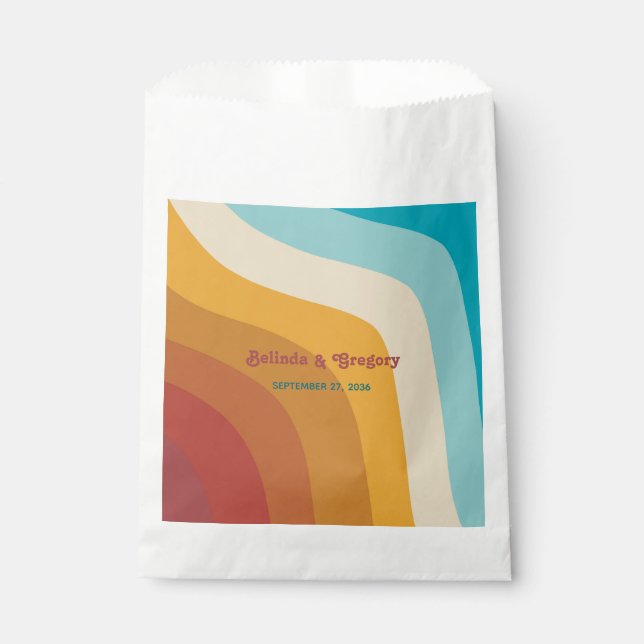 Modern Retro 70's Colourful Rainbow Waves Wedding  Favour Bag (Front)