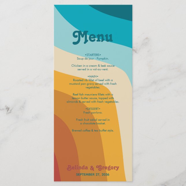 Modern Retro 70's Colourful Rainbow Waves Wedding Menu (Front)