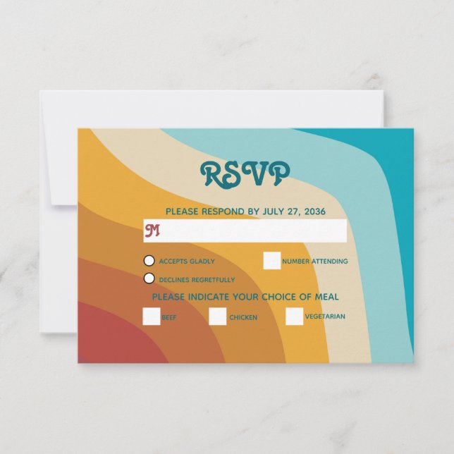 Modern Retro 70's Colourful Rainbow Waves Wedding RSVP Card (Front)