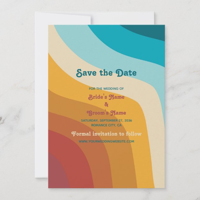 Modern Retro 70's Colourful Rainbow Waves Wedding  Save The Date (Front)