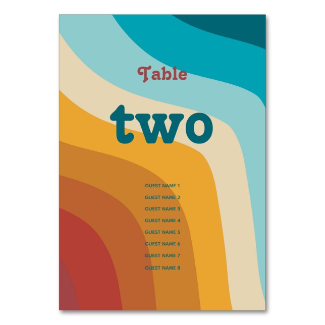 Modern Retro 70's Colourful Rainbow Waves Wedding Table Number (Front)