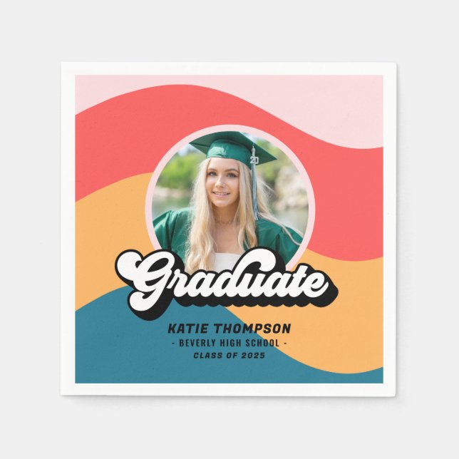Modern Retro 70s Groovy Graduation Photo Napkin (Front)