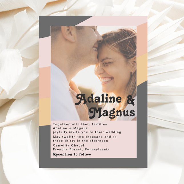 Modern Retro 70's Rainbow Dark Faded Photo Wedding Invitation (Creator Uploaded)