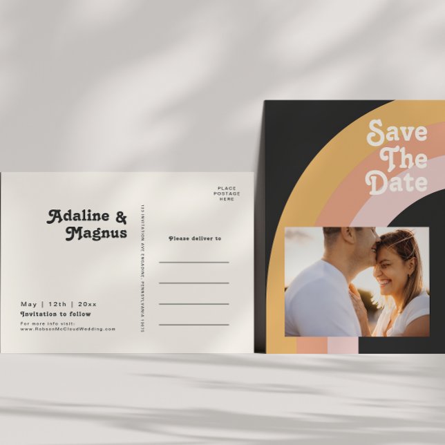 Modern Retro 70's Rainbow Dark Photo Save The Date Invitation Postcard (Creator Uploaded)