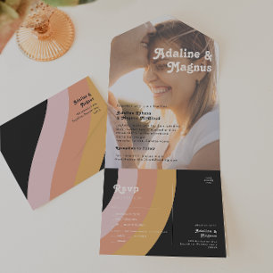 Modern Retro 70's Rainbow Dark Photo Seal and Send All In One Invitation