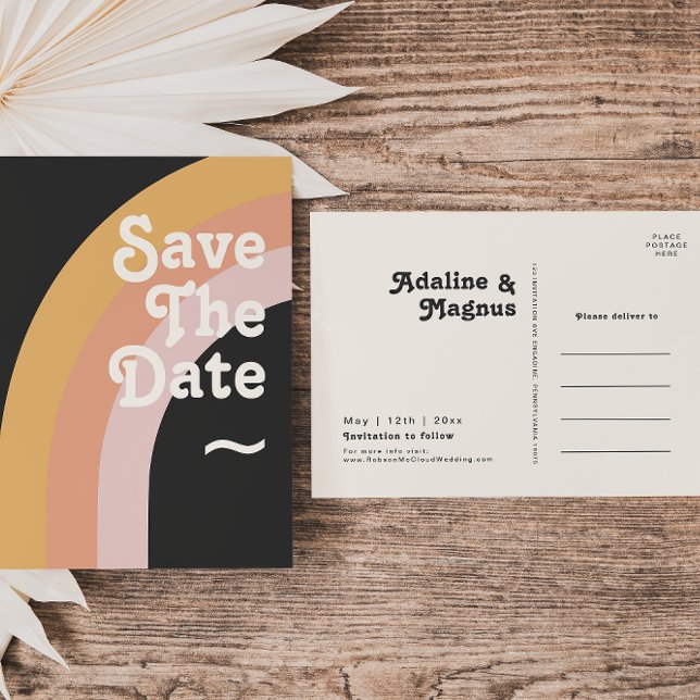 Modern Retro 70's Rainbow Dark Save The Date Invitation Postcard (Creator Uploaded)