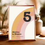 Modern Retro 70's Rainbow | Table Number<br><div class="desc">This modern retro 70's rainbow | table number is perfect for your simple vintage orange, rose gold, and blush pink wedding. Designed with elements of a classic, colourful boho arch and groovy minimalist stripes. The design has a unique abstract tropical beach feel, great for any spring, summer, or fall wedding....</div>