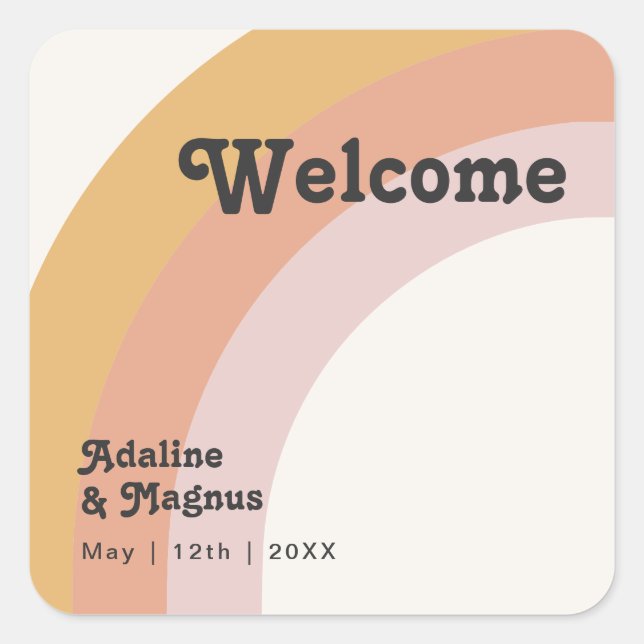 Modern Retro 70's Rainbow | Wedding Welcome Square Sticker (Front)
