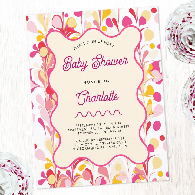Modern Retro Abstract Pink Baby Shower Invitation Postcard (Modern retro pink yellow abstract wavy baby shower postcard invitation with custom personalized text)