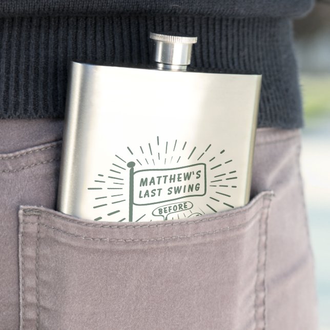 Modern Retro Bachelor Party Last Swing Golf Green Hip Flask (In Situ)